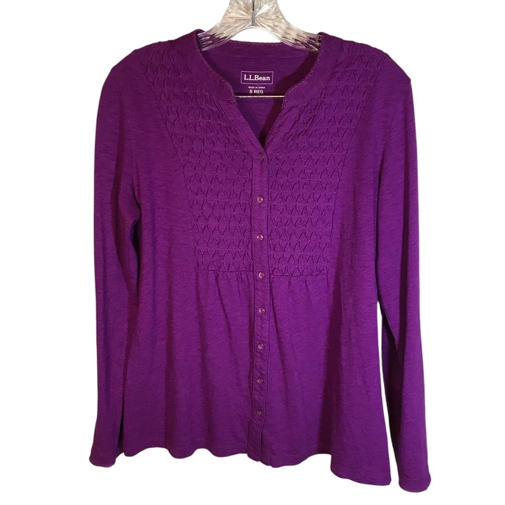 L.L. Bean women top S reg purple long sleeve button front casual quilted comfort